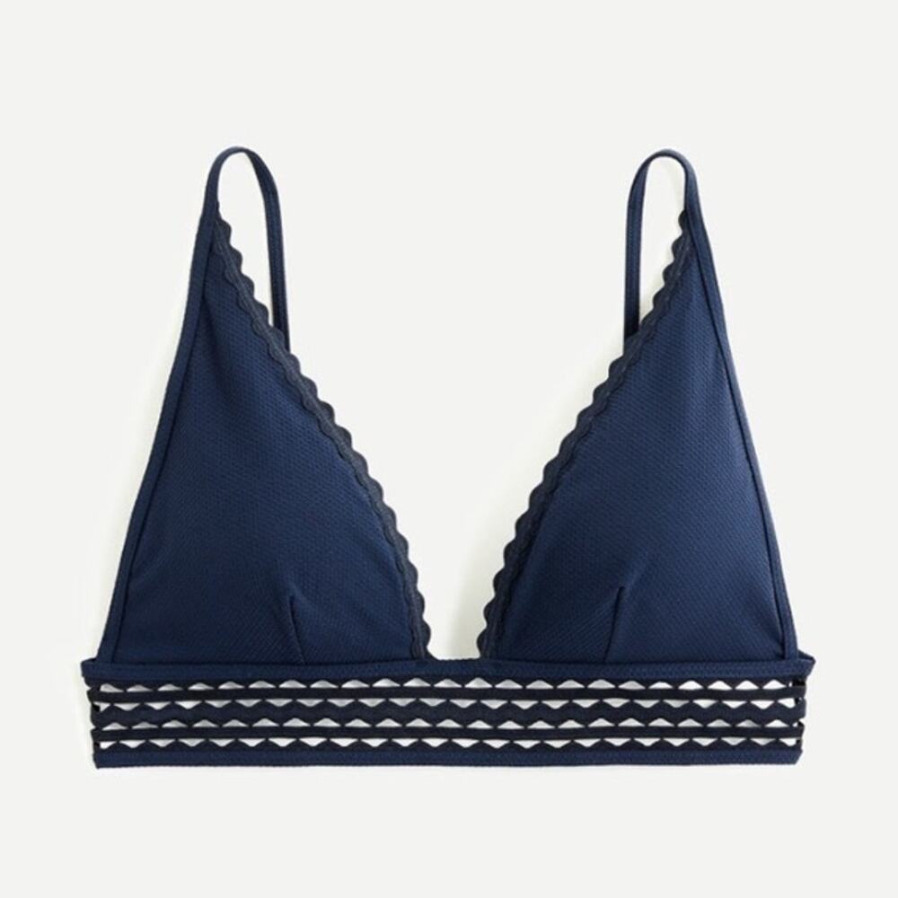 J. CREW Pique French Bikini Top Swimsuit Rick Rack Navy Blue AO842 Womens Medium